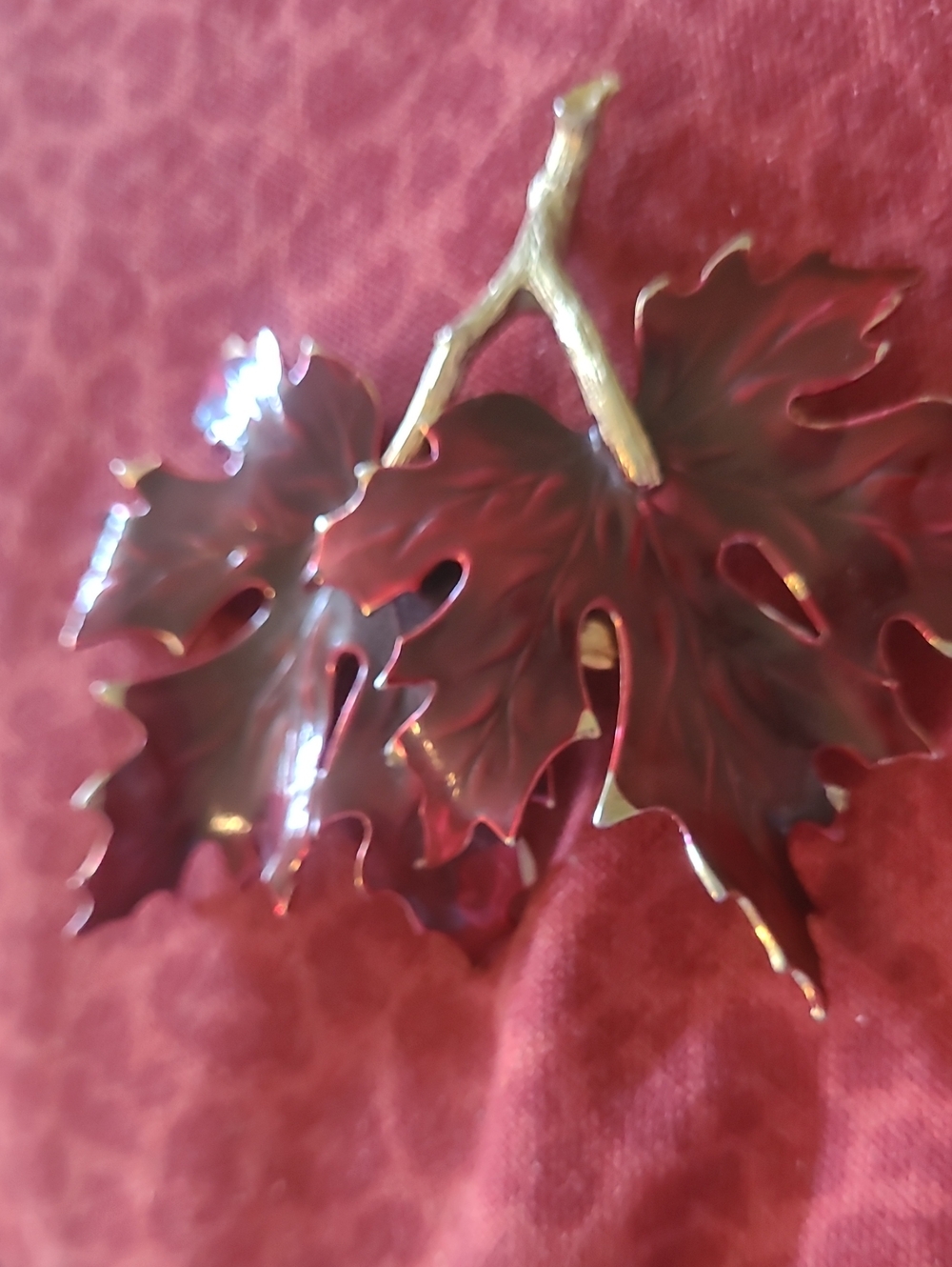 VintageWeiss Leaf Brooch in Deep Wine Red with Gold Stem